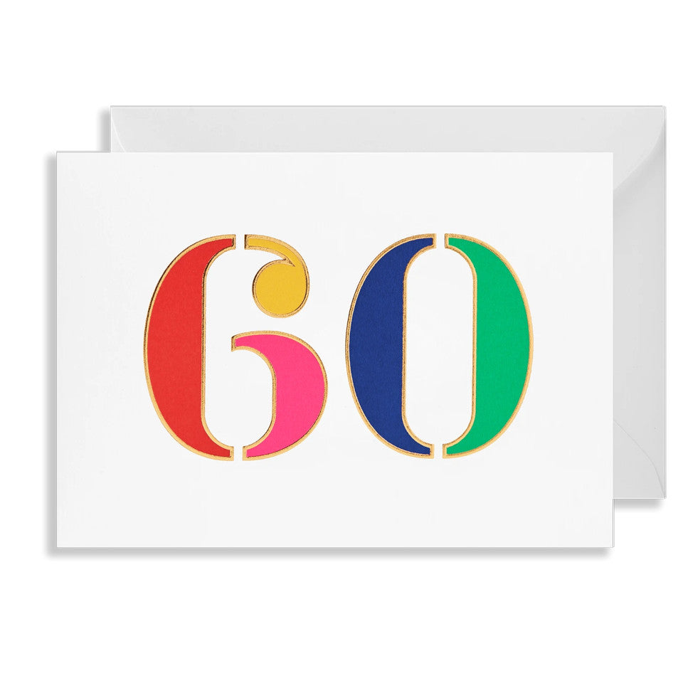 60  blank birthday card, brightly coloured numbers on a white background, with white envelope.