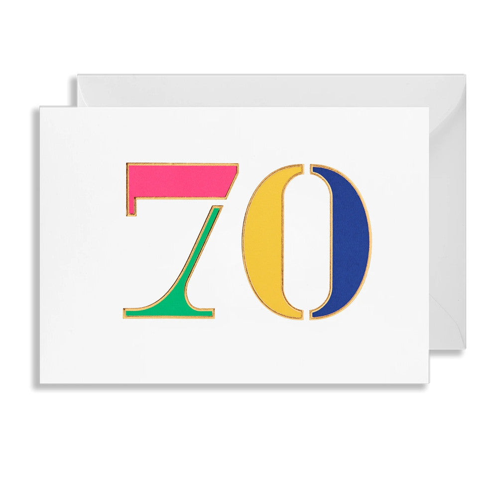70  blank birthday card, brightly coloured numbers on a white background, with white envelope.