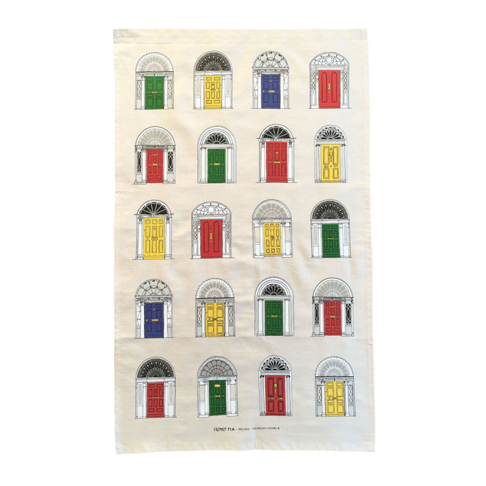 Goergian Doors cotton tea towel, with primary coloured doors.