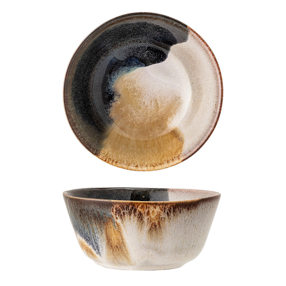 Jules bowl, natural glaze with abstract blue and sand accent glaze, side and top views.