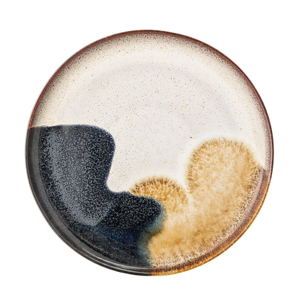 Jules dessert plate, natural glaze with abstract blue and sand accent glaze.