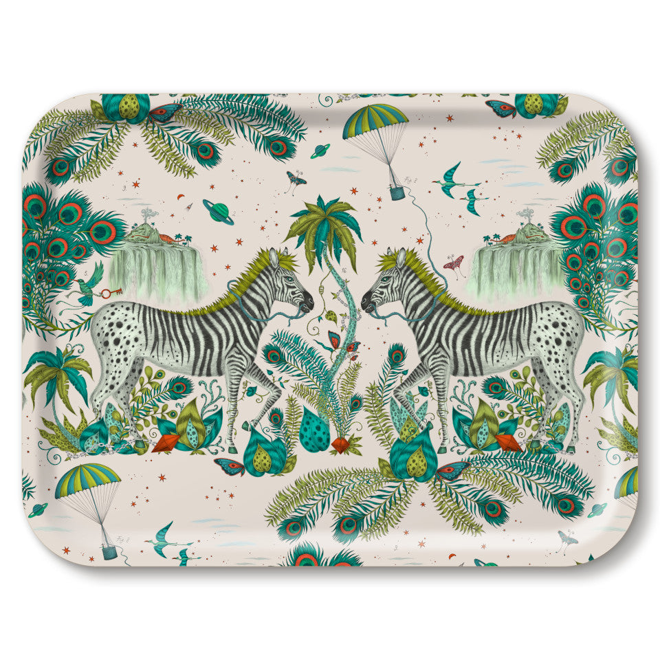Lost World by Emma J. Shipley mirrored zebra on light background with lime highlights, large rectangular tray, 43 cm x 33 cm.