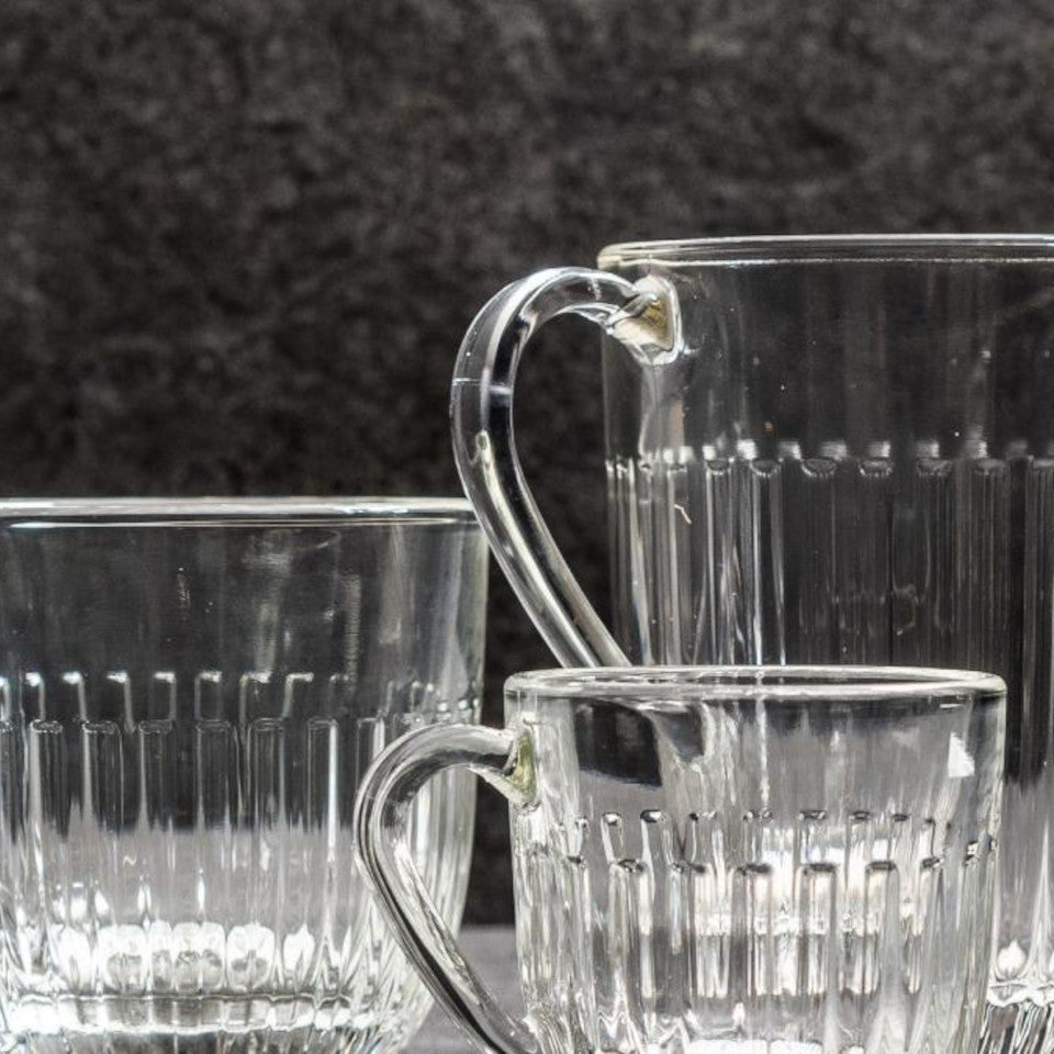 Ouessant glass mugs, large, medium and espresso, close up.