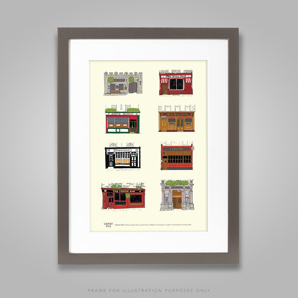Dublin pubs A4 print, framed with 30 cm x 40 cm mount in black 30cm x 40 cm frame.
