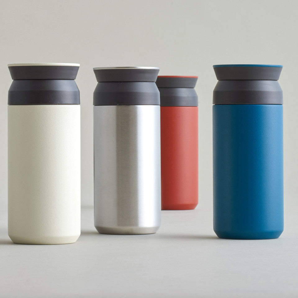 Travel tumbler, 350 ml, l-r: white (stainless steel, to order), red, and blue.