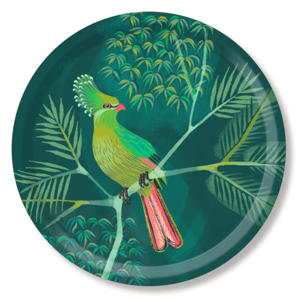 Turaco by Asta Barrington, turaco on tropical tree branch on green background, 39cm round tray.