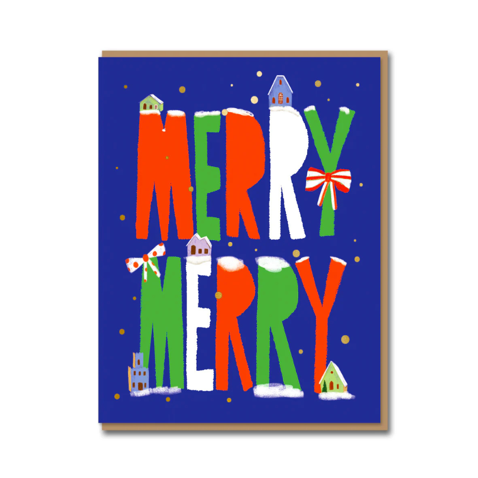 Christmas-themed card with colorful text and small houses on a blue background