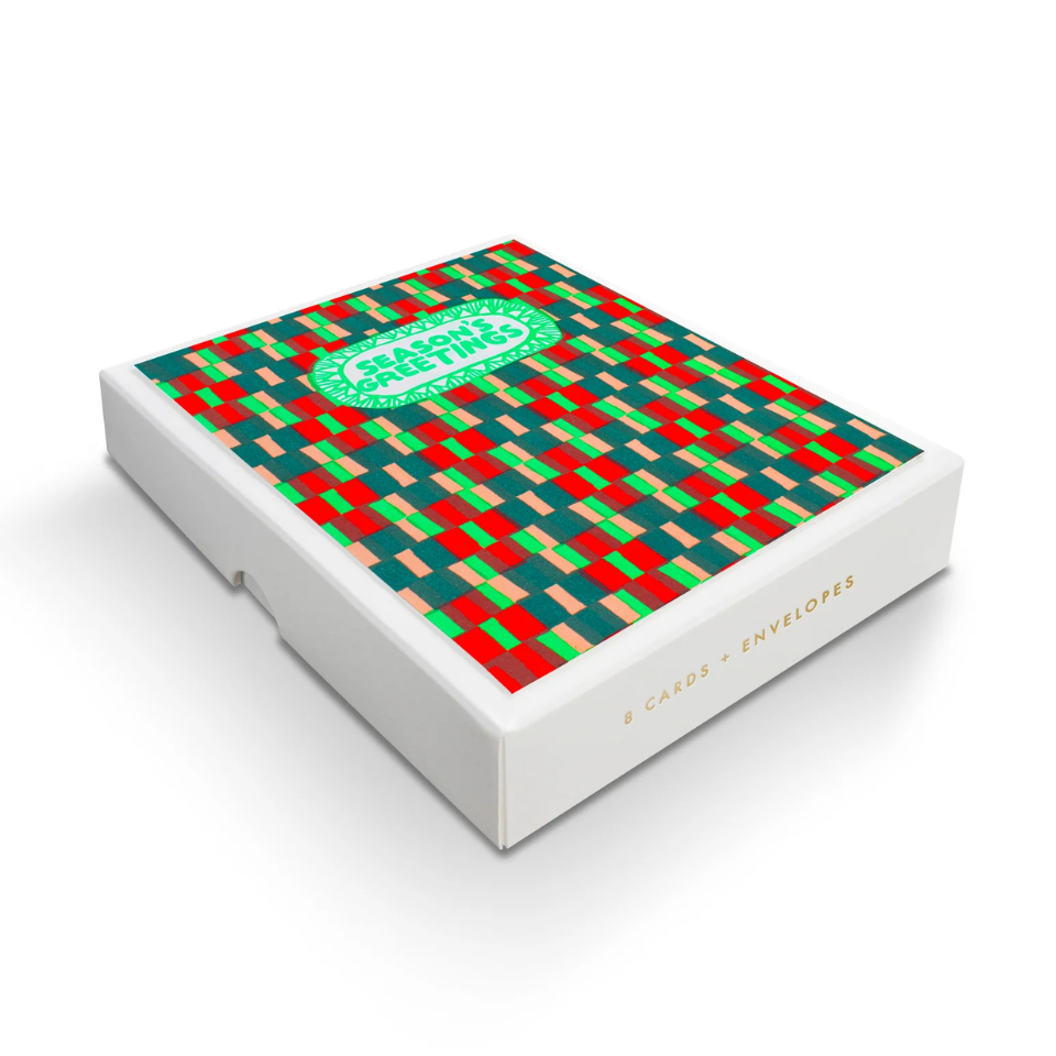 Box with a colorful geometric pattern and '8 cards & Envelopes' branding on a white background