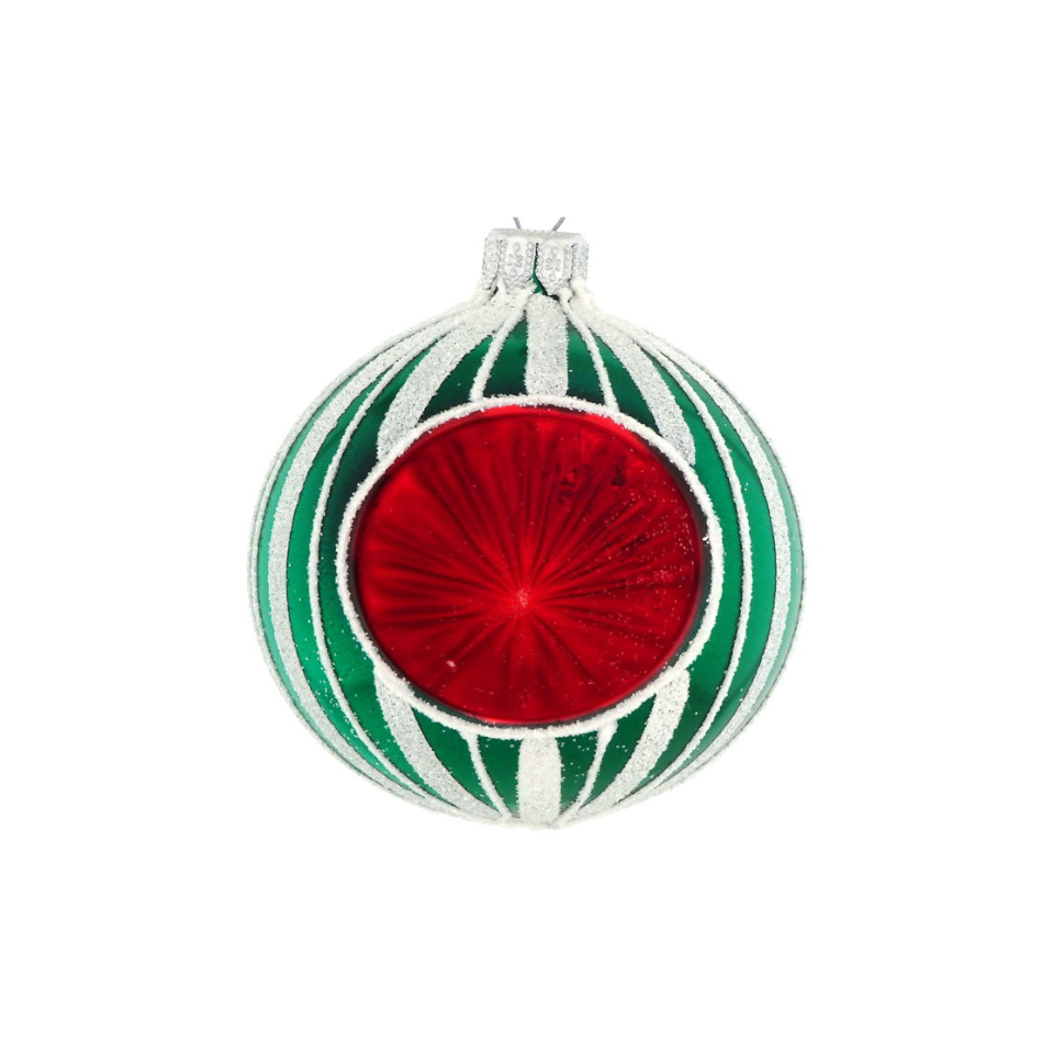Christmas ornament with red center and green and white striped pattern on a white background