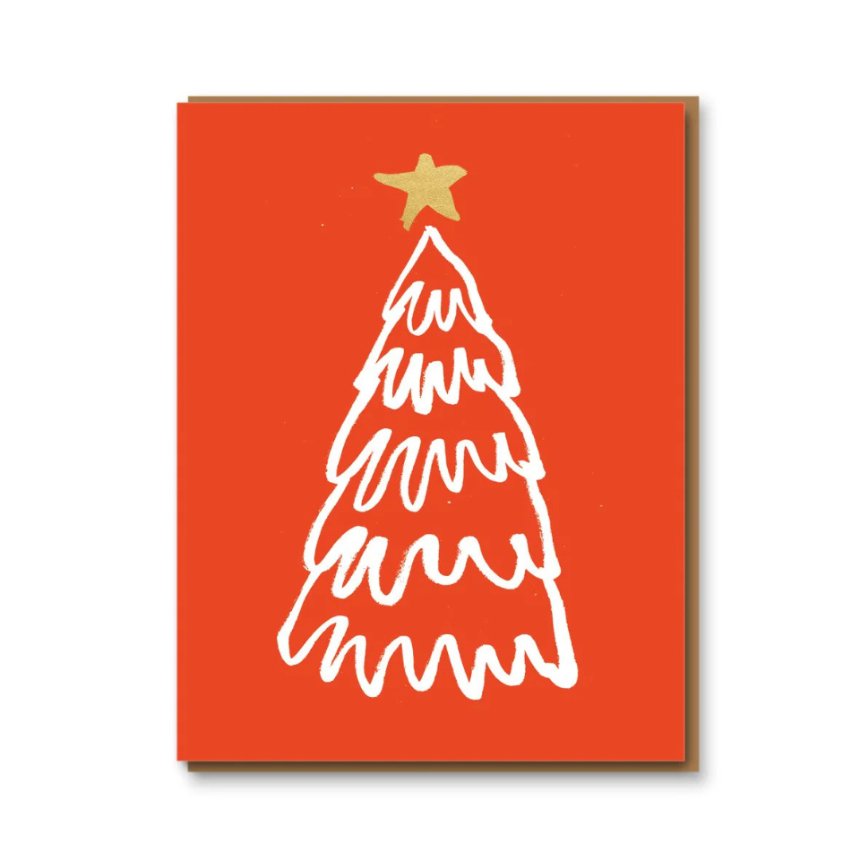 Red card with a white Christmas tree drawing and gold star on a white background