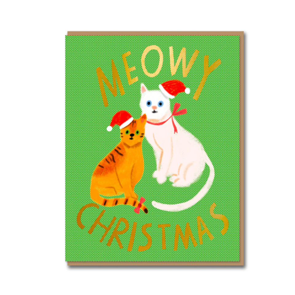 Christmas card with two cats wearing Santa hats and 'MEOWY CHRISTMAS' text on a green background.