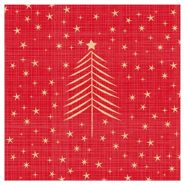 Paper napkin with a  Gold Christmas Tree on a red background