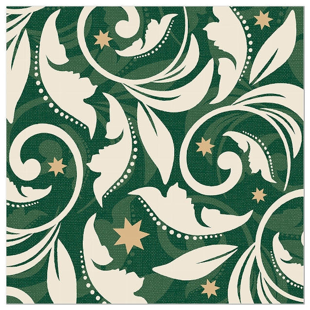 Paper Napkin with a decorative pattern with white leaves and stars on a green background 