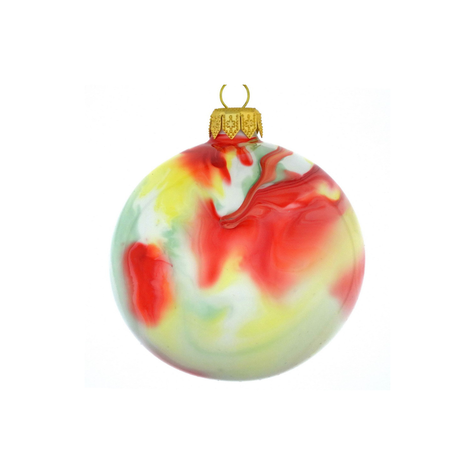 Colorful marbled Christmas ornament with a gold hook on a white background