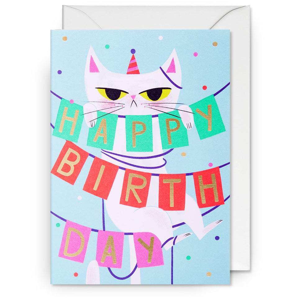 Birthday card with a cat holding a 'Happy Birthday' banner on a light blue background