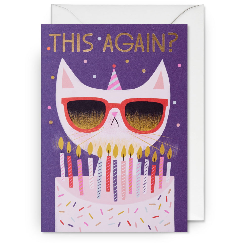 Birthday card with a cat wearing sunglasses and candles, on a purple background.