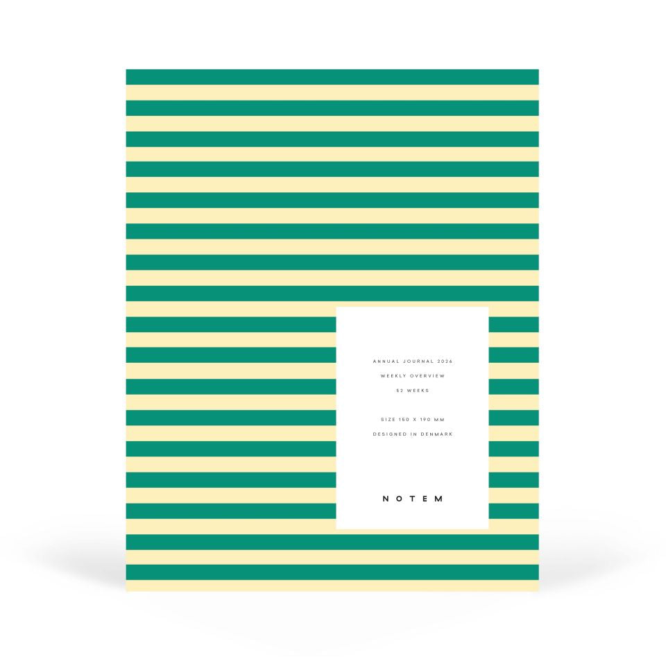 Notebook with green and beige horizontal stripes on a white background