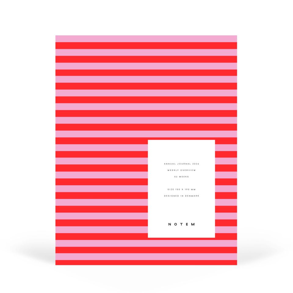 2026 Diary with red and pink horizontal stripes on a white background