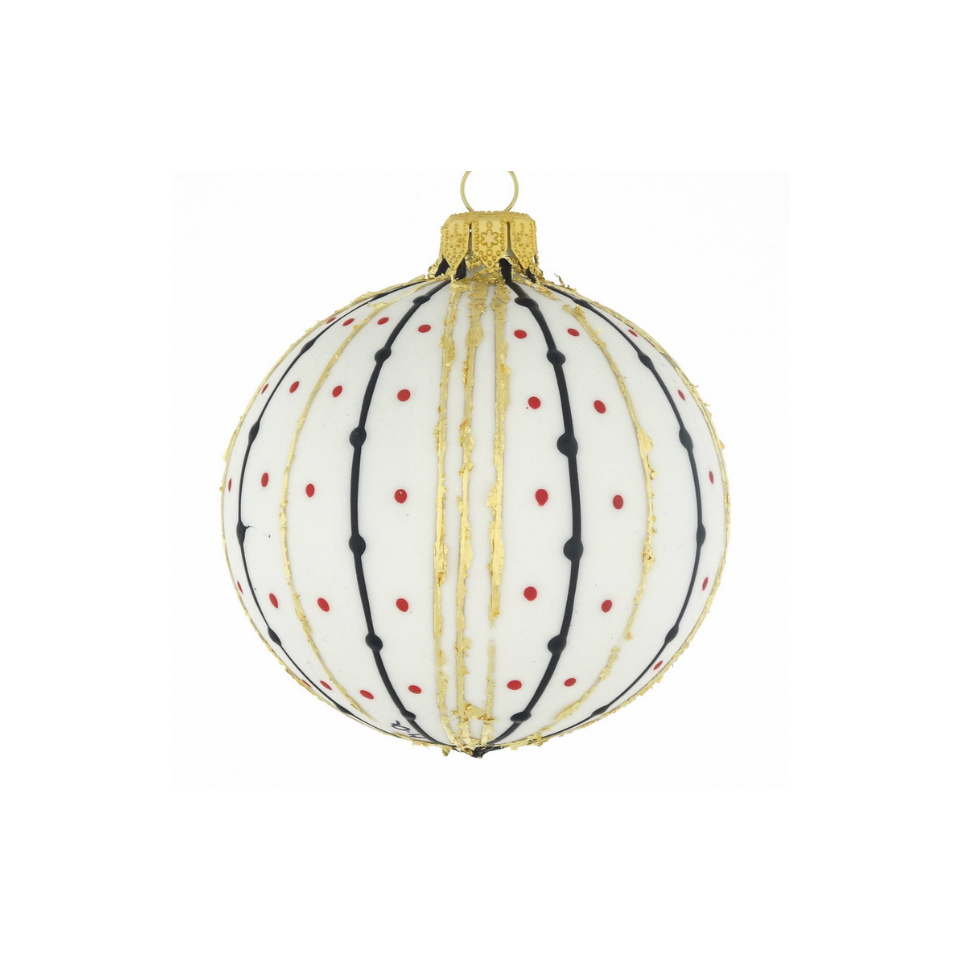 Decorative Christmas ball with red polka dots and gold accents on a white background
