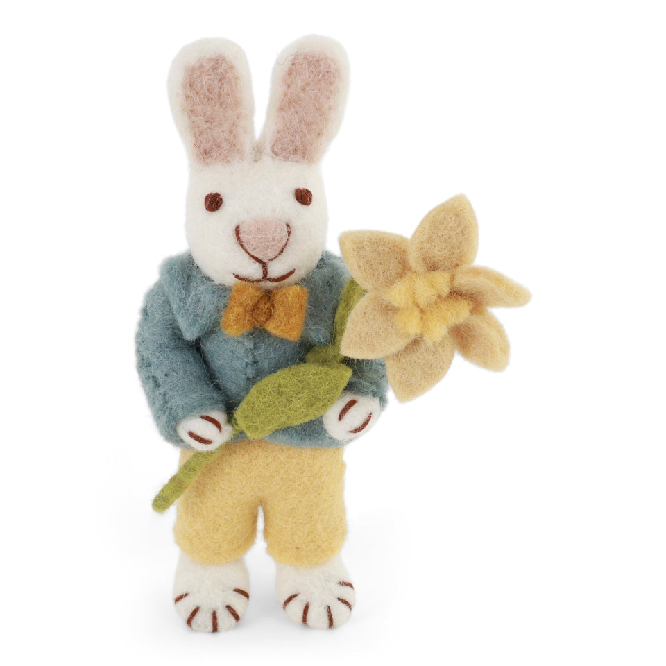 Easter Bunny in Blue Jacket with Daffodil