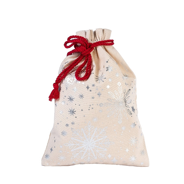 Beige drawstring bag with star patterns and a red string on a white background