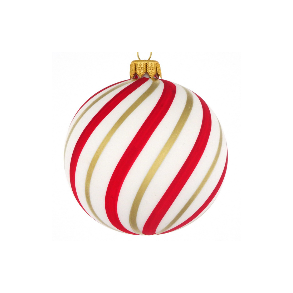 Red and white striped Christmas ornament with gold accents on a white background