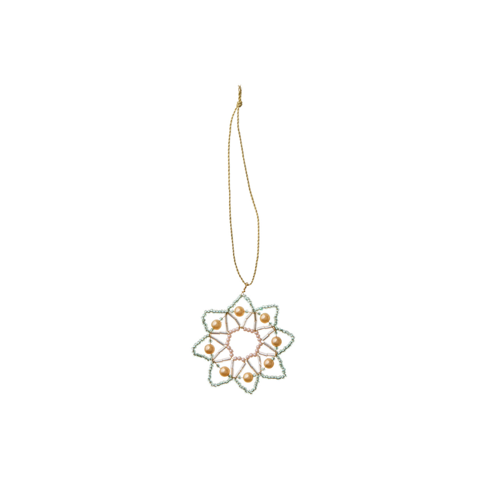 Decorative hanging ornament with gold beads on a white background