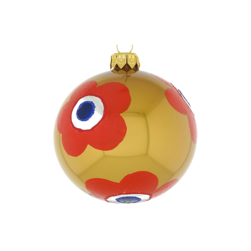 Decorative Christmas ball with red flower design on a white background