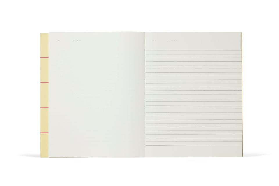 Open notebook with lined pages on a white background