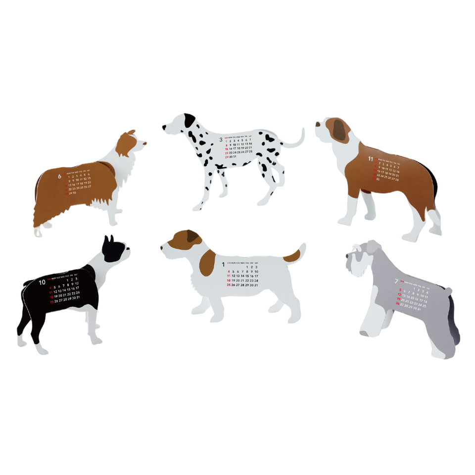 Set of dog-shaped calendars on a white background