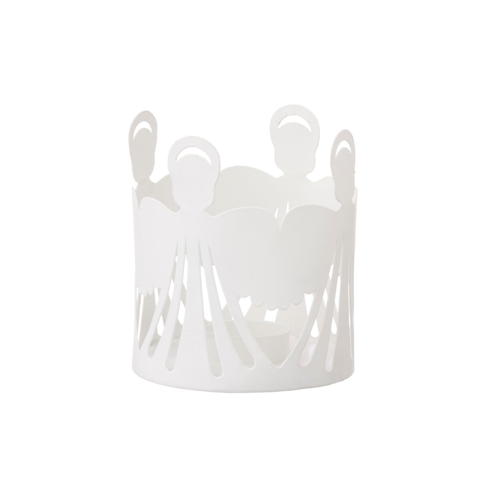 White decorative basket with cut-out design on a white background