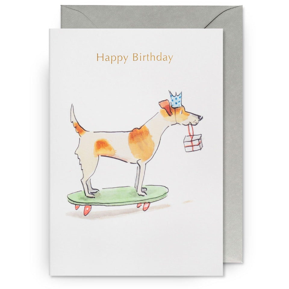 Birthday card with a dog illustration, gift, and 'Happy Birthday' text on a white background.