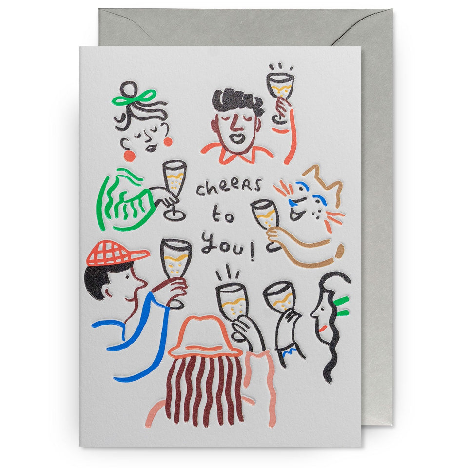 Greeting card with colorful illustrations of people toasting and text 'cheers to you!' on a white background.