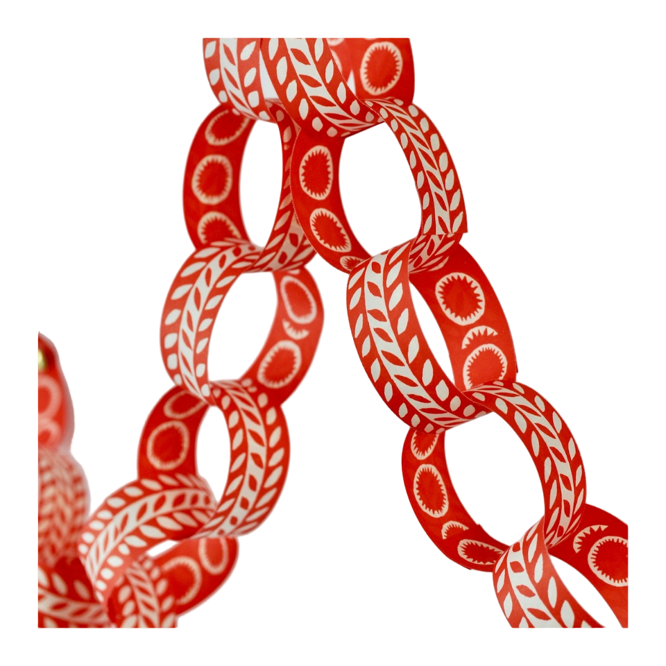 Red chain with white patterns on a light gray background