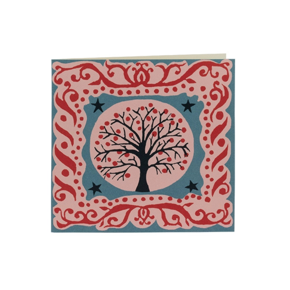 Card with decorative border and tree design on a blue background