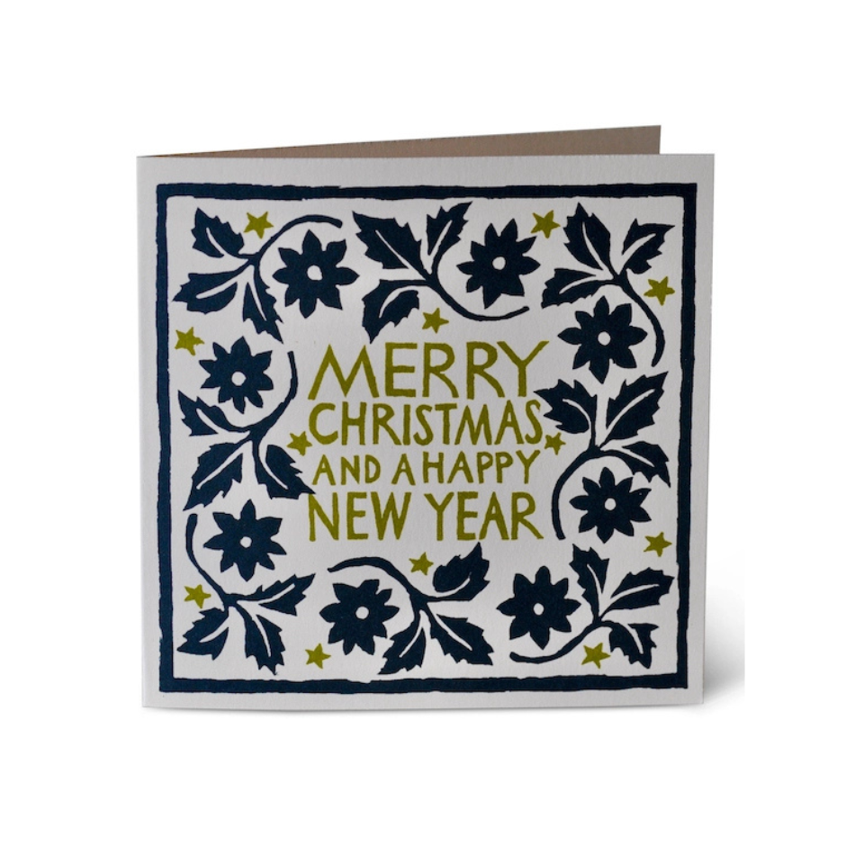 Greeting card with floral design and 'Merry Christmas and a Happy New Year' text on a white background