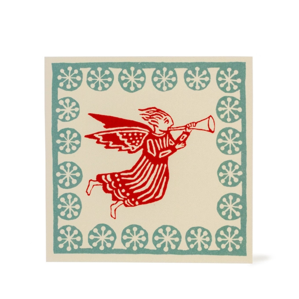 Red angel with a trumpet on a beige background with decorative border