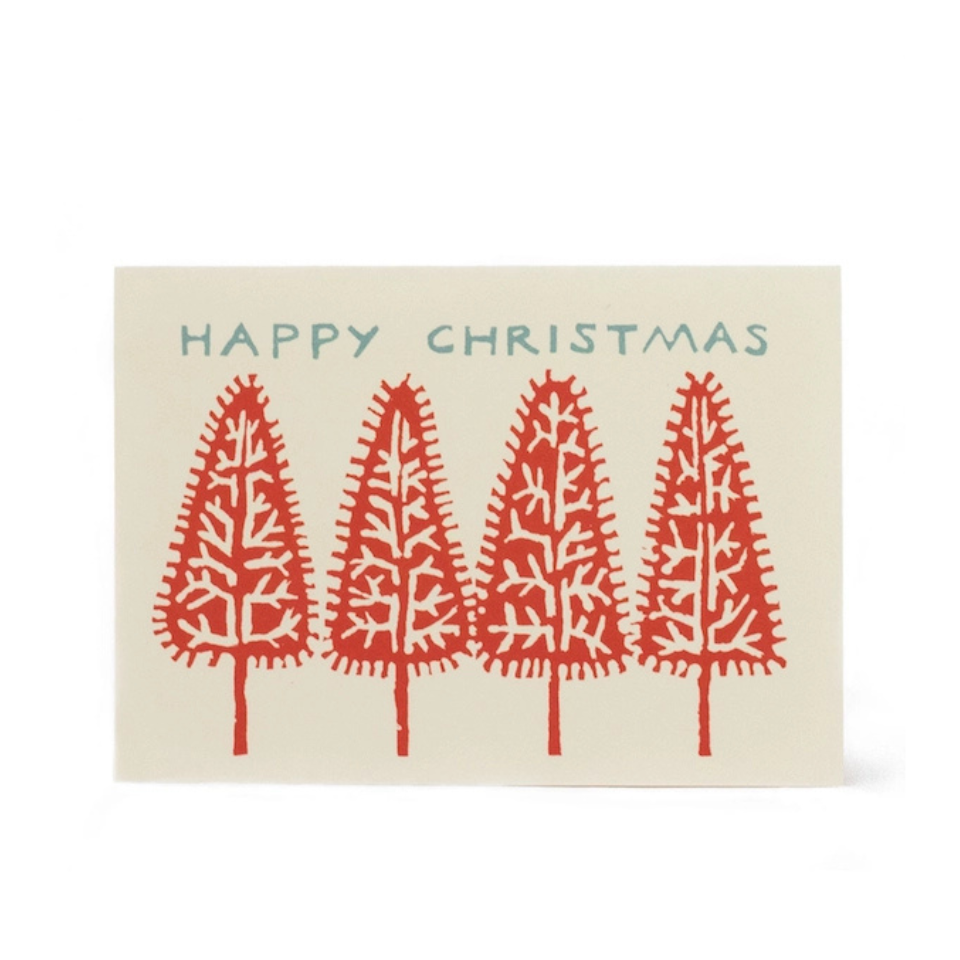 Christmas card with red trees and 'Happy Christmas' text on a beige background