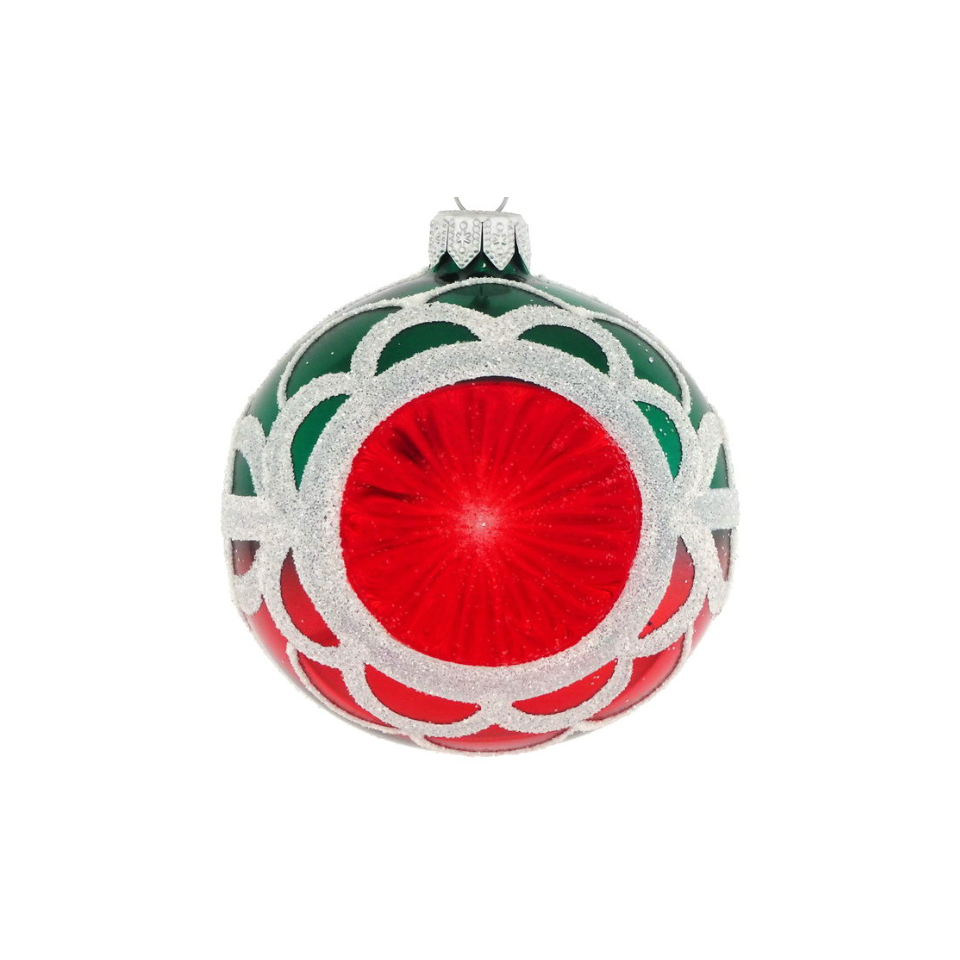 Decorative Christmas ball with green, red, and silver pattern on a white background