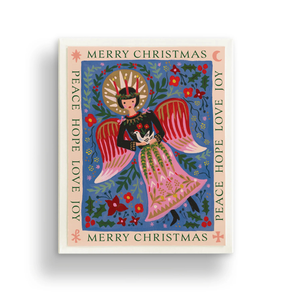 Christmas card with an angel design and festive text on a white background