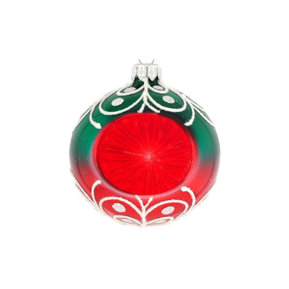 Decorative Christmas ornament with red center and green and white patterns on a white background