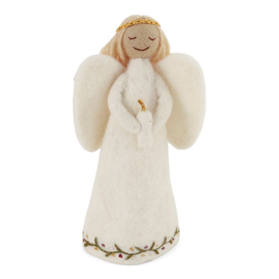 Angel made from felt in a white dress holding a felt candle