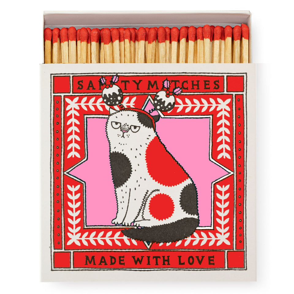Matchbox with a cat illustration and 'Safety Matches Made with Love' text