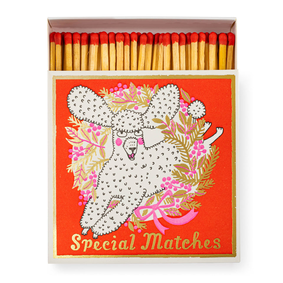 Matches with a decorative box featuring a poodle illustration on a white background