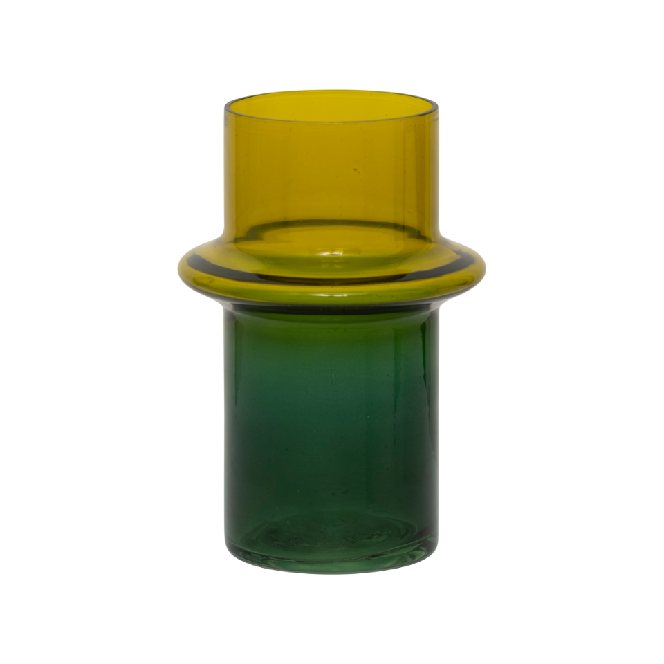 Green glass vase with a wider neck on a white background