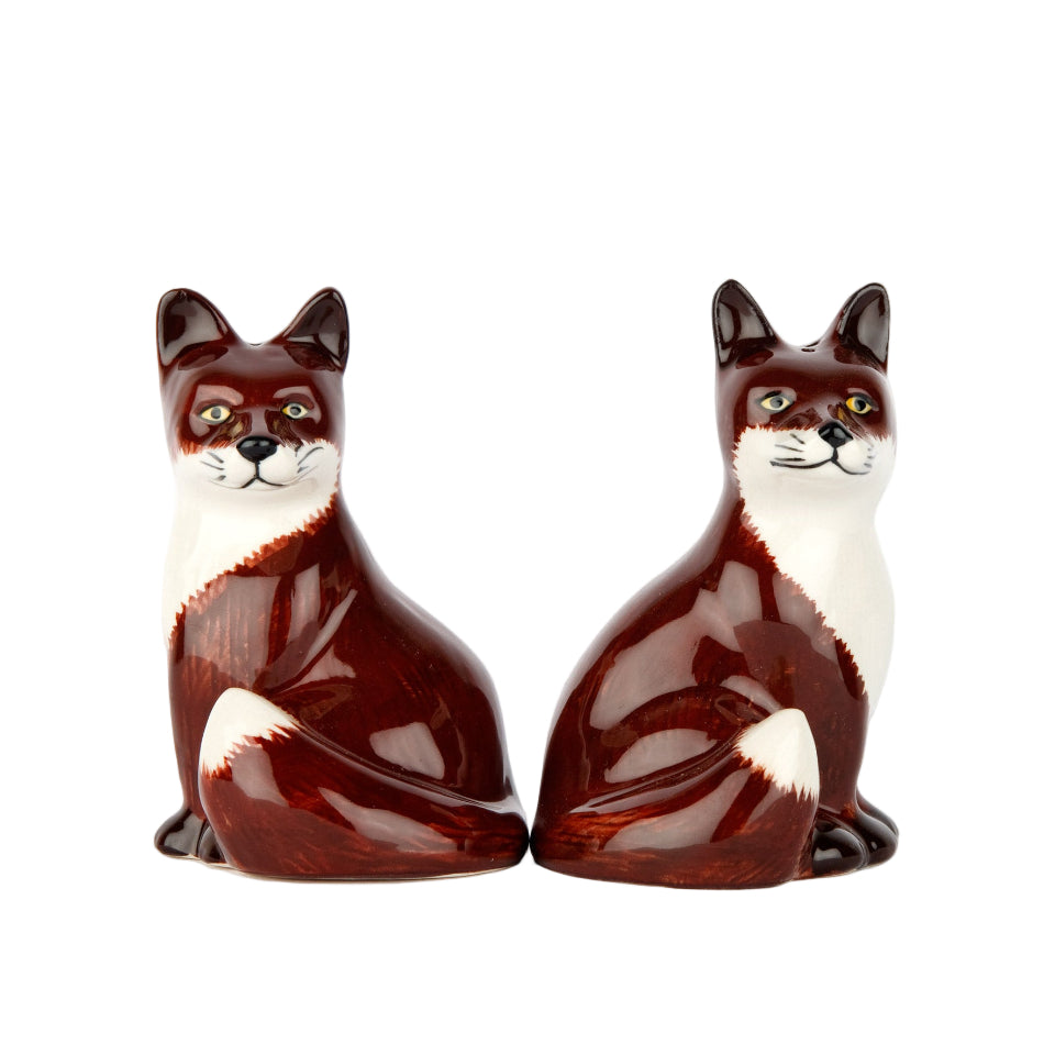 Two ceramic fox figurines for salt and pepper on a white background