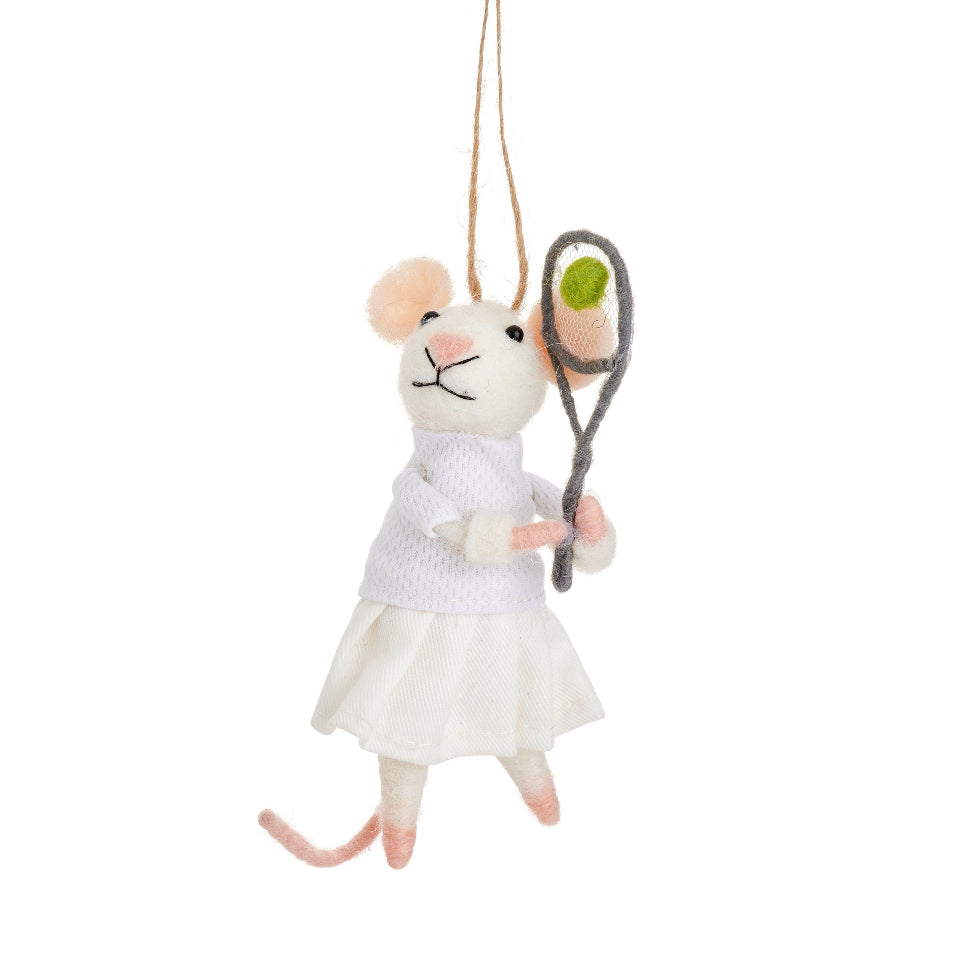 Decorative mouse ornament holding a tennis racket on a white background
