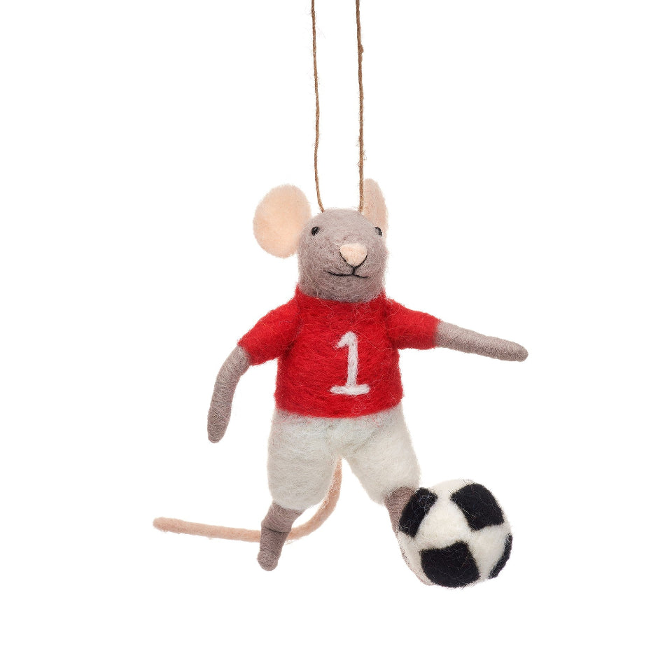 Stuffed mouse decoration with a red shirt and soccer ball on a white background