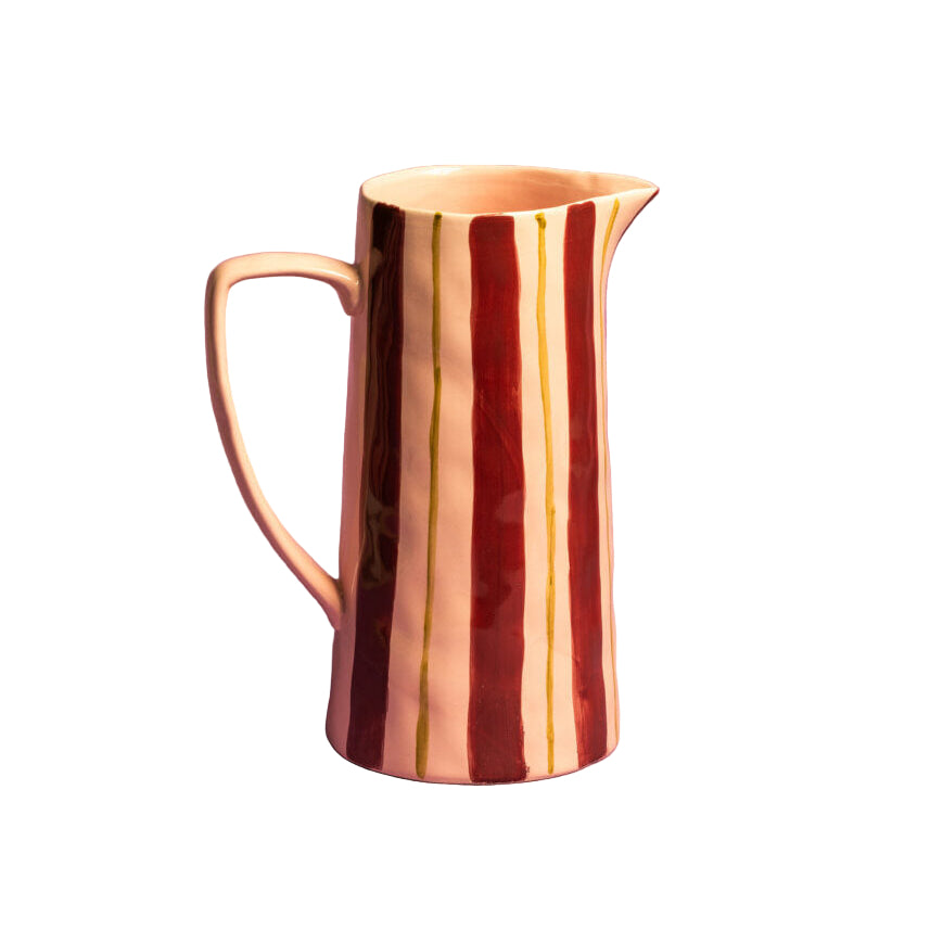 Pink  and red striped pitcher on a white background
