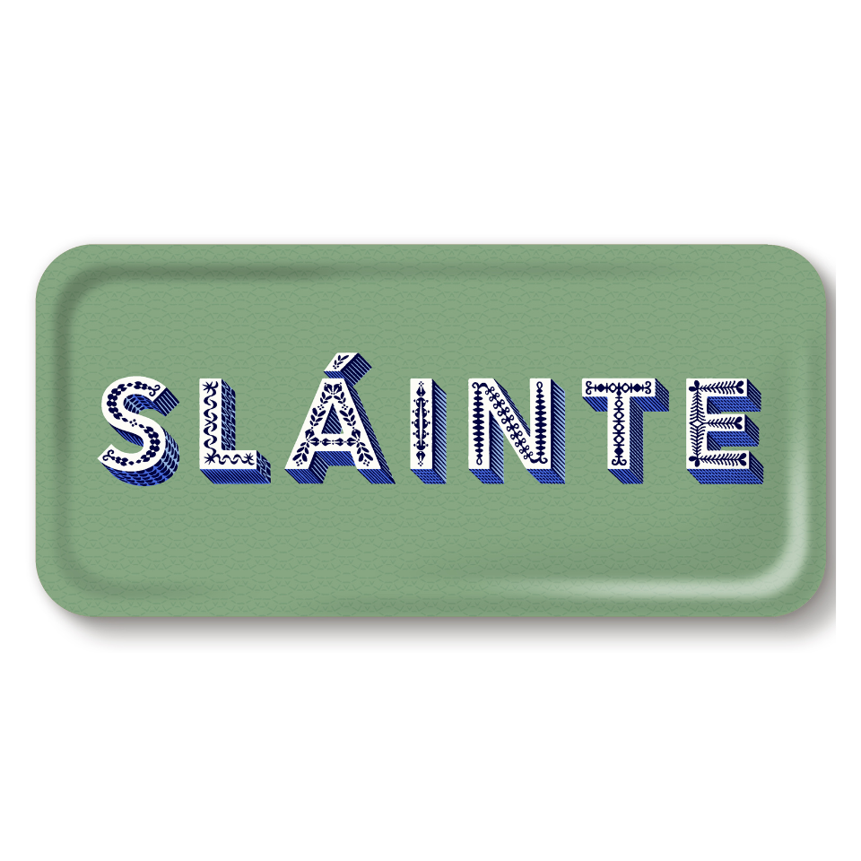 Green tray with 'SLAINTE' text in blue and white on a white background